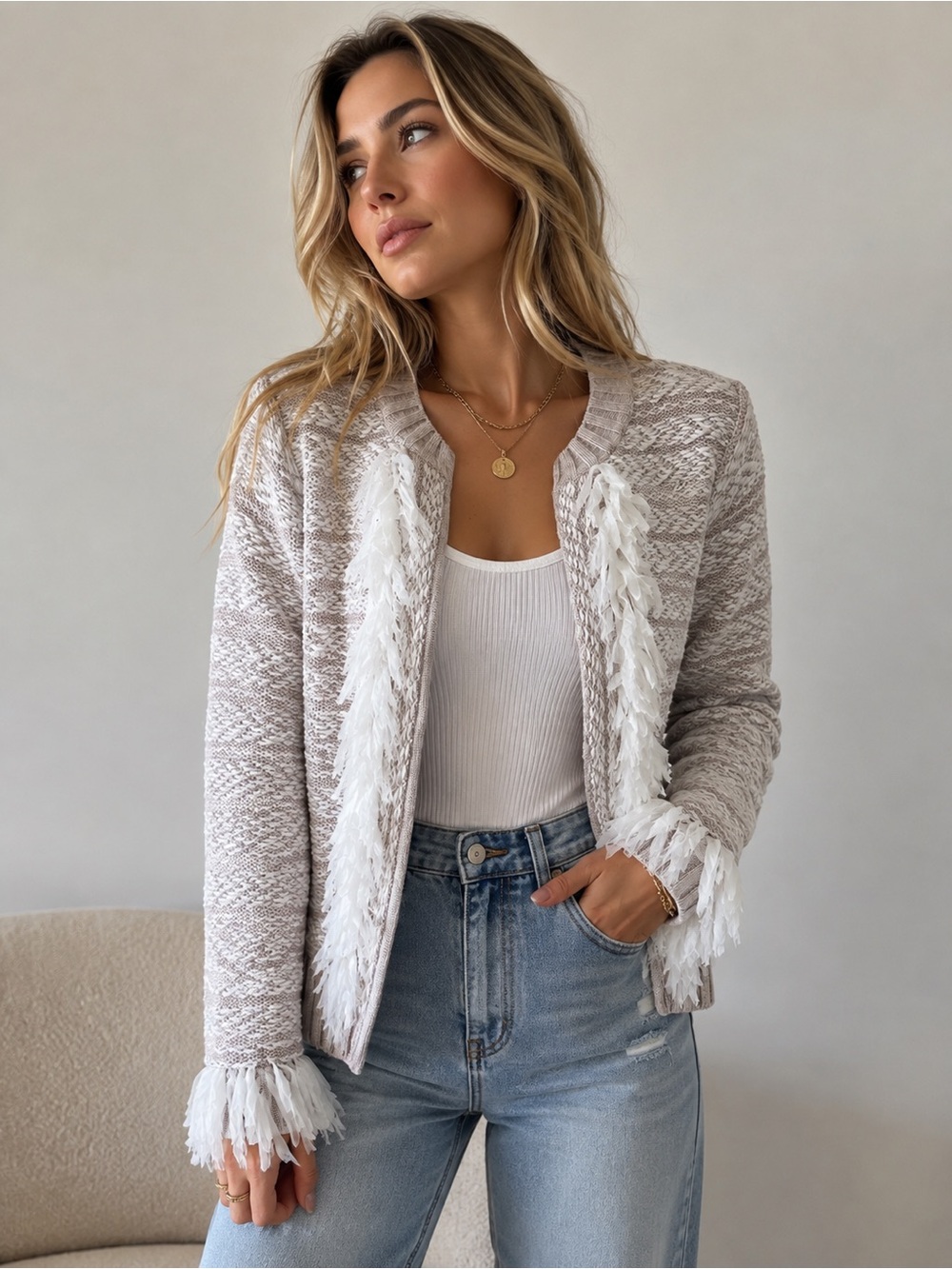 Club Monaco Magda knit open cardigan neutral white fringe sz medium